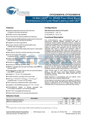 CY7C2165KV18 datasheet - 18-Mbit QDR^ II SRAM Four-Word Burst Architecture (2.5 Cycle Read Latency) with ODT