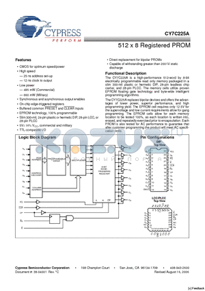 CY7C225A-25PC datasheet - 512 x 8 Registered PROM