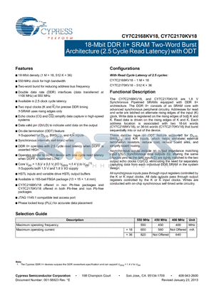 CY7C2168KV18 datasheet - 18-Mbit DDR II SRAM Two-Word Burst Architecture (2.5 Cycle Read Latency) with ODT