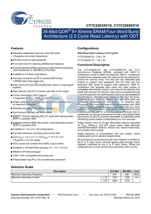 CY7C2263XV18 datasheet - 36-Mbit QDR^ II Xtreme SRAM Four-Word Burst Architecture (2.5 Cycle Read Latency) with ODT