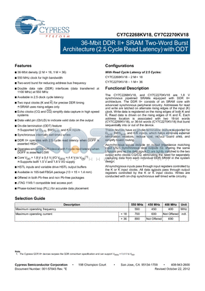 CY7C2268KV18_12 datasheet - 36-Mbit DDR II SRAM Two-Word Burst Architecture (2.5 Cycle Read Latency) with ODT