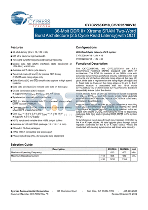 CY7C2268XV18 datasheet - 36-Mbit DDR II Xtreme SRAM Two-Word Burst Architecture (2.5 Cycle Read Latency) with ODT