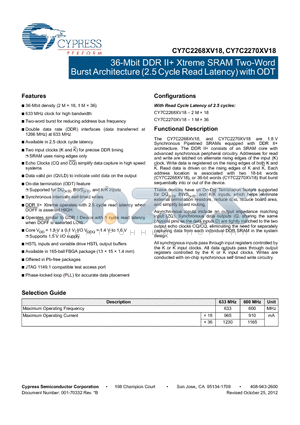 CY7C2270XV18 datasheet - 36-Mbit DDR II Xtreme SRAM Two-Word Burst Architecture (2.5 Cycle Read Latency) with ODT
