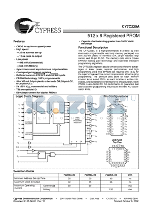 CY7C225A-25PC datasheet - 512 x 8 Registered PROM