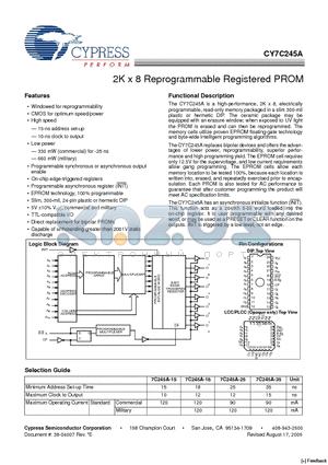 CY7C245A datasheet - 2K x 8 Reprogrammable Registered PROM