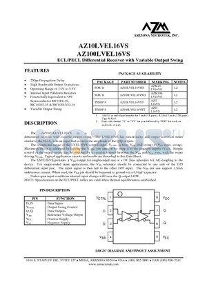 AZ10LVEL16VST datasheet - ECL/PECL Differential Receiver with Variable Output Swing