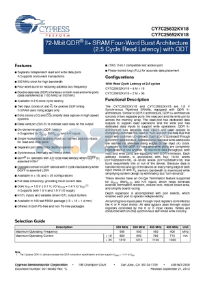 CY7C25632KV18-500BZC datasheet - 72-Mbit QDR^ II SRAM Four-Word Burst Architecture (2.5 Cycle Read Latency) with ODT