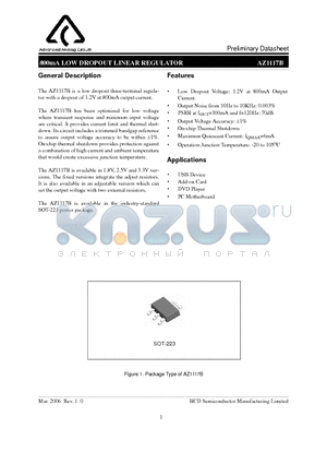 AZ1117BH-ADJTRE1 datasheet - 600mA LOW DROPOUT LINEAR REGULATOR