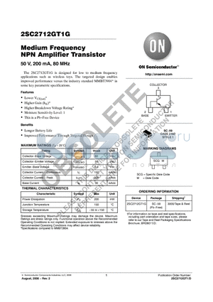 2SC2712GT1G datasheet - Medium Frequency NPN Amplifier Transistor 50 V, 200 mA, 80 MHz