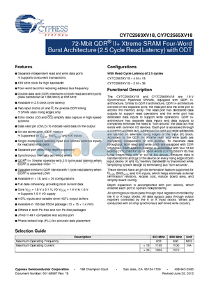 CY7C2563XV18 datasheet - 72-Mbit QDR^ II Xtreme SRAM Four-Word Burst Architecture (2.5 Cycle Read Latency) with ODT