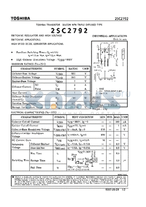 2SC2792 datasheet - TRANSISTOR (SWITCHING REGULATOR AND HIGH VOLTAGE, HIGH SPEED DC-DC CONVERTER APPLICATIONS)