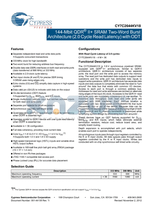 CY7C2644KV18 datasheet - 144-Mbit QDR^ II SRAM Two-Word Burst Architecture (2.0 Cycle Read Latency) with ODT