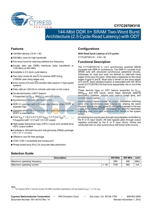 CY7C2670KV18 datasheet - 144-Mbit DDR II SRAM Two-Word Burst Architecture (2.5 Cycle Read Latency) with ODT
