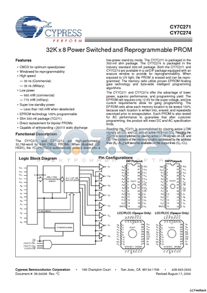 CY7C271-55WMB datasheet - 32K x 8 Power Switched and Reprogrammable PROM