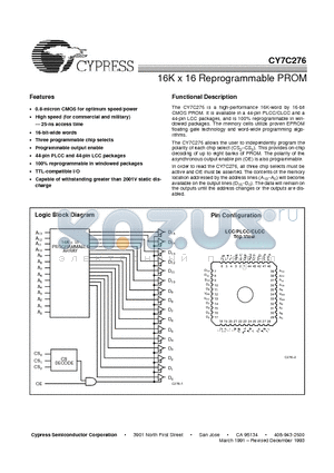 CY7C276 datasheet - 16K x 16 Reprogrammable PROM