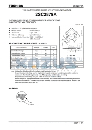 2SC2879A datasheet - SILICON NPN EPITAXIAL PLANAR TYPE 2~30MHz SSB LINEAR POWER AMPLIFIER APPLICATIONS (LOW SUPPLY VOLTAGE USE)