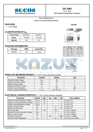 2SC2883 datasheet - NPN Plastic-Encapsulate Transistor