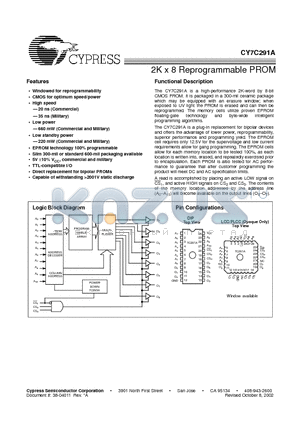 CY7C291A-20JC datasheet - 2K x 8 Reprogrammable PROM