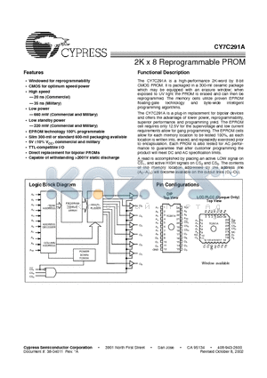 CY7C291A-20PC datasheet - 2K x 8 Reprogrammable PROM