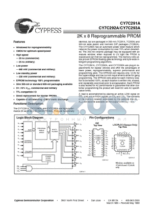 CY7C291A-20WC datasheet - 2K x 8 Reprogrammable PROM