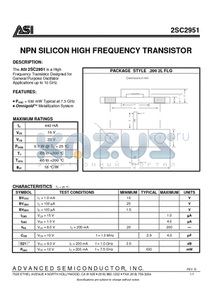 2SC2951 datasheet - The ASI 2SC2951 is a High Frequency Transistor Designed for General Purpose Oscillator Applications up to 10 GHz.