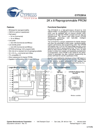 CY7C291A-50PC datasheet - 2K x 8 Reprogrammable PROM