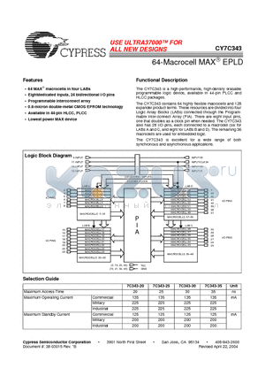 CY7C343 datasheet - 64-Macrocell MAX EPLD