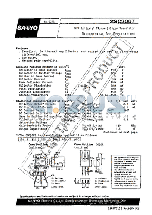 2SC3067 datasheet - NPN Epitaxial Planar Silicon Transistor DIFFERENTIAL AMP APPLICATIONS