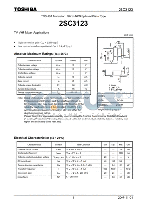 2SC3123 datasheet - Silicon NPN Epitaxial Planar Type TV VHF Mixer Applications