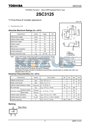 2SC3125 datasheet - Silicon NPN Epitaxial Planar Type TV Final Picture IF Amplifier Applications