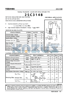 2SC3148 datasheet - NPN TRIPLE DIFFUSED(for Switching Regulator and High Voltage)