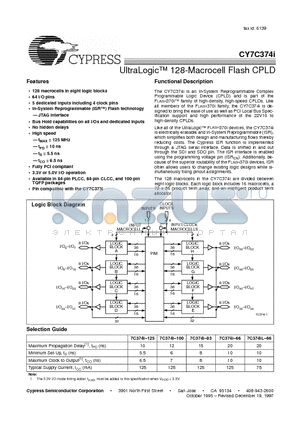 CY7C374I-100JC datasheet - UltraLogic 128-Macrocell Flash CPLD