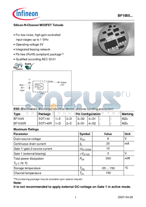 BF1005 datasheet - Silicon N-Channel MOSFET Tetrode