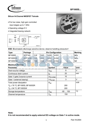 BF1005SW datasheet - Silicon N-Channel MOSFET Tetrode