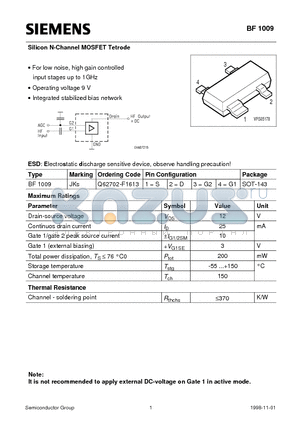 BF1009 datasheet - Silicon N-Channel MOSFET Tetrode