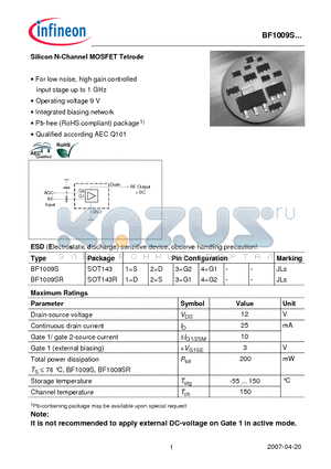 BF1009S datasheet - Silicon N-Channel MOSFET Tetrode