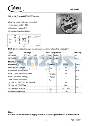 BF1009SR datasheet - Silicon N-Channel MOSFET Tetrode