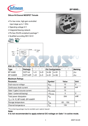 BF1009SR datasheet - Silicon N-Channel MOSFET Tetrode