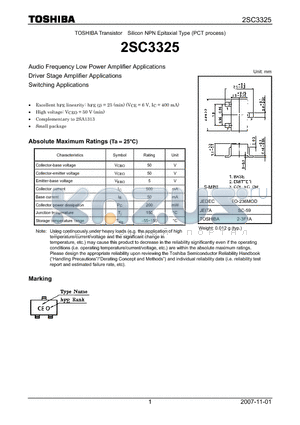 2SC3325 datasheet - Silicon NPN Epitaxial Type (PCT process) Audio Frequency Low Power Amplifier Applications