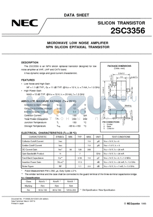 2SC3356 datasheet - MICROWAVE LOW NOISE AMPLIFIER(NPN SILICON EPITAXIAL TRANSISTOR)