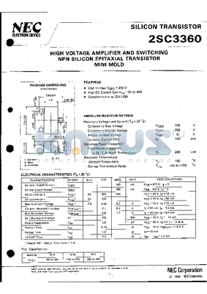 2SC3360 datasheet - HIGH VOLTAGE AMPLIFIER AND SWITCHING NPN SILICON EPITAXIAL TRANSISTOR MINI MOLD