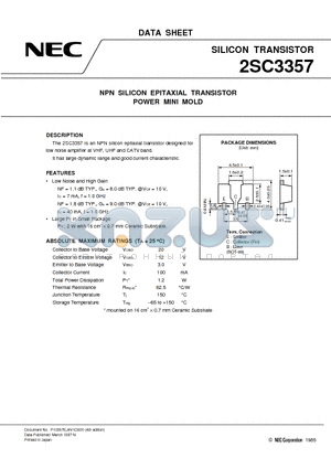 2SC3357-T2 datasheet - NPN SILICON EPITAXIAL TRANSISTOR POWER MINI MOLD