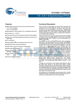 CY7C4221-15JXC datasheet - 1 K / 2 K  9 Synchronous FIFOs