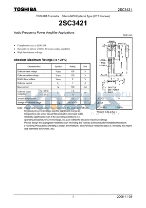 2SC3421 datasheet - Silicon NPN Epitaxial Type (PCT Process) Audio Frequency Power Amplifier Applications