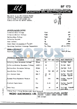 BF173 datasheet - NPN SILICON PLANAR EPITAXIAL TRANSISTOR