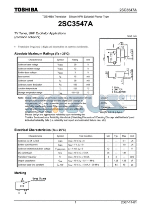 2SC3547A datasheet - Silicon NPN Epitaxial Planar Type TV Tuner, UHF Oscillator Applications (common collector)