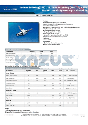 C-14-13-D06-BD-SSCL datasheet - 1490nm Emitting(DFB) , 1310nm Receiving (PIN-TIA, 3.3V), Bi-directional Diplexer Optical Module