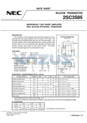 2SC3585-T1B datasheet - MICROWAVE LOW NOISE AMPLIFIER NPN SILICON EPITAXIAL TRANSISOR