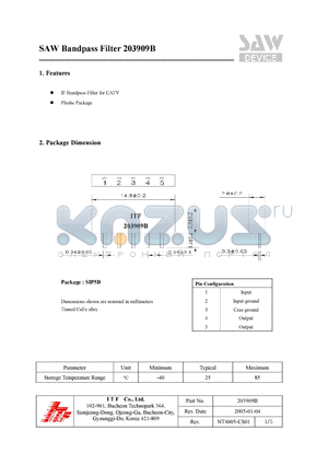 203909B datasheet - SAW Bandpass Filter