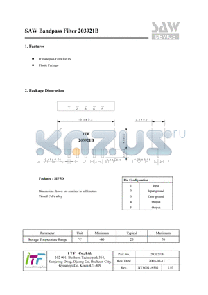 203921B datasheet - SAW Bandpass Filter